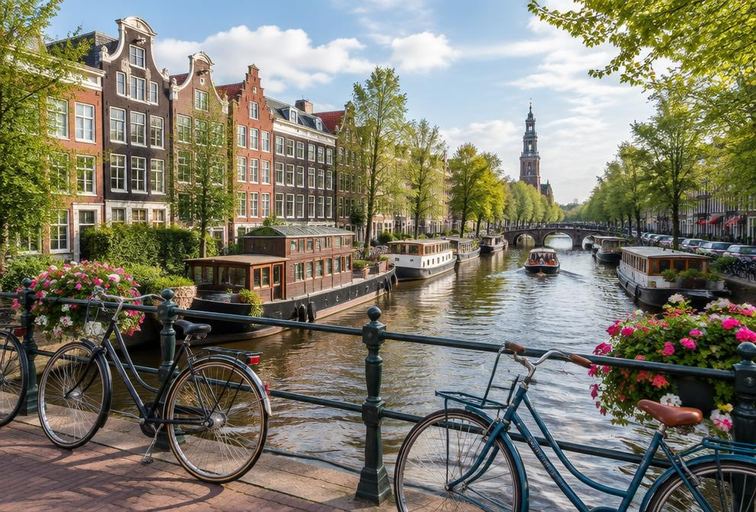 Canal houses and bicycles in Amsterdam, Netherlands