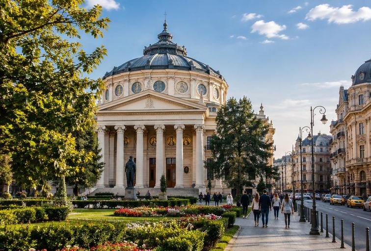 Romanian Athenaeum and city streets in Bucharest, Romania