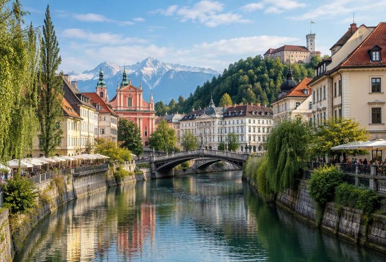 Ljubljana riverside and the Alps in Slovenia