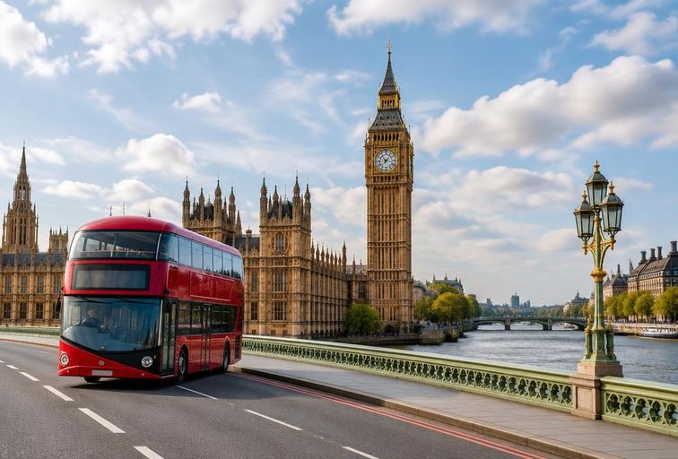 Westminster and a red bus in London, United Kingdom