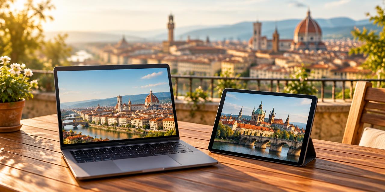 Laptop and tablet showing the guide on a terrace overlooking a European city